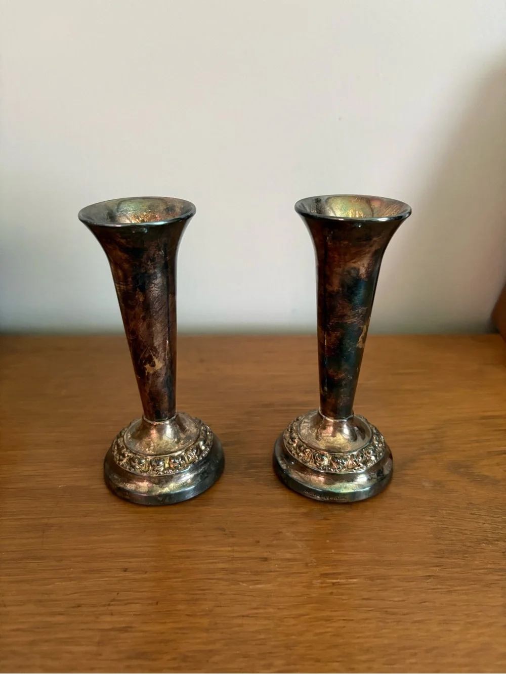 Antique-Inspired Silver Tone Pair of Bud Vases